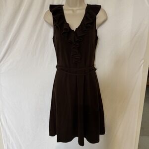 Lauren Ralph Lauren Petite M Ruffle Neck Sleeveless Dress Brown Tie Waist‎